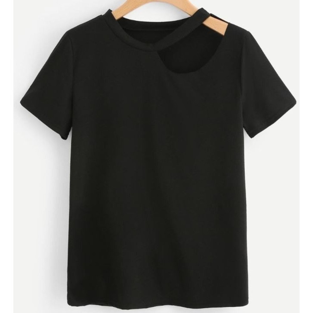 Halogen Women's Split Neck Cut Out Detail Rayon Blend Short Sleeve Top Black Med